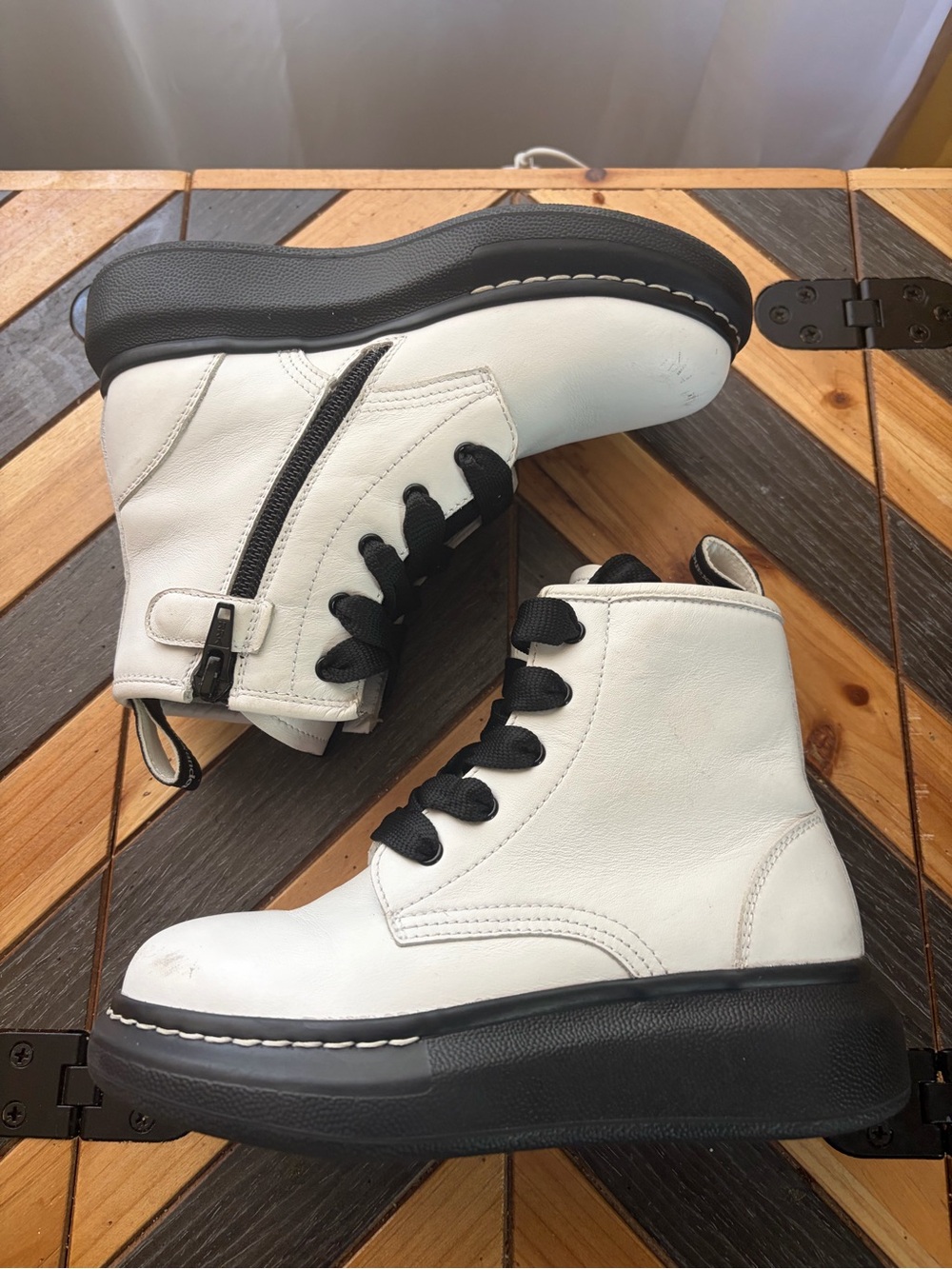 Kids Alexander McQueen White Leather Platform Combat Boots with Black Soles
